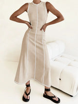 Contrast Stitching Round Neck Sleeveless Midi Dress - Trendsi - Flyclothing LLC