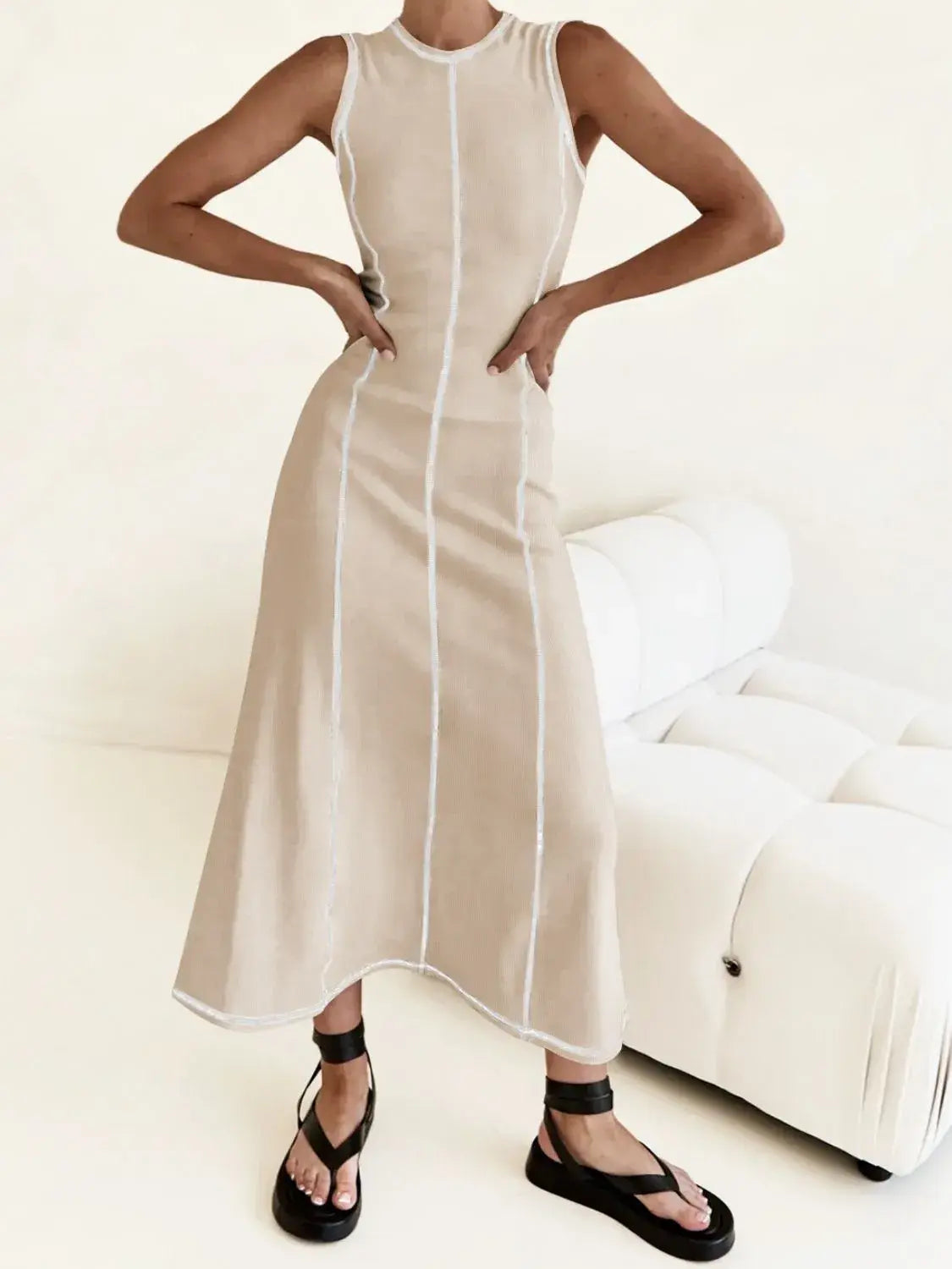 Contrast Stitching Round Neck Sleeveless Midi Dress - Trendsi - Flyclothing LLC