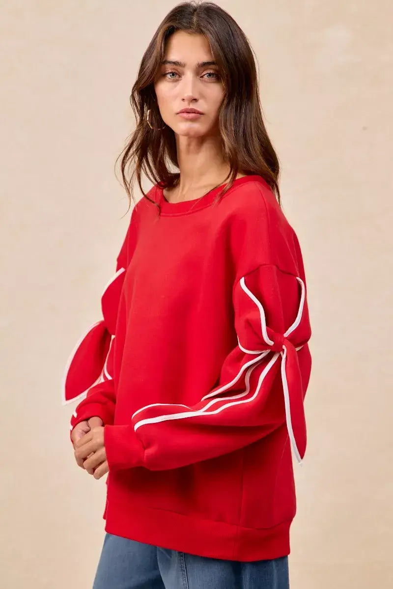 BiBi Bow Detail Sleeves Fleece Sweatshirt - Trendsi - Flyclothing LLC
