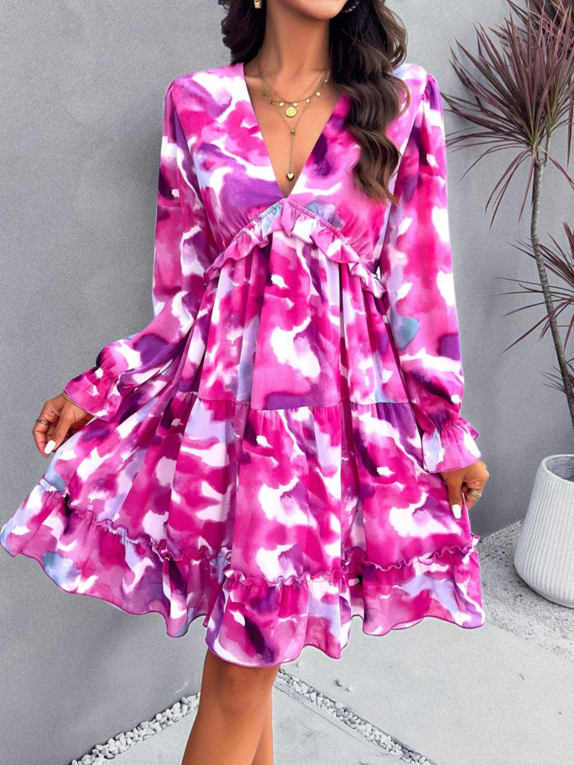 Backless Printed V-Neck Flounce Sleeve Dress - Trendsi - Flyclothing LLC