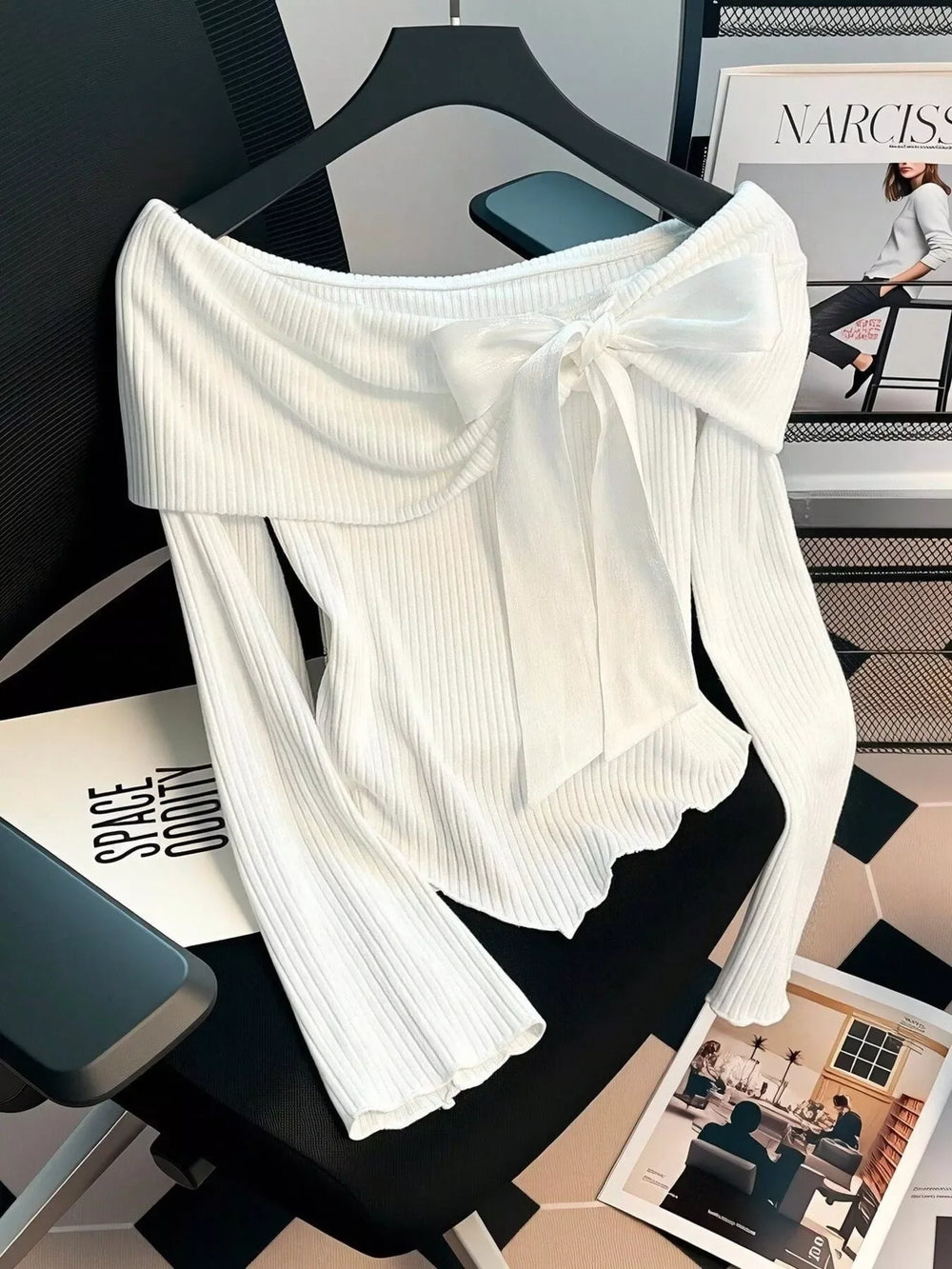 Off-Shoulder Bowknot Ribbed Knit T-Shirt - Trendsi - Flyclothing LLC