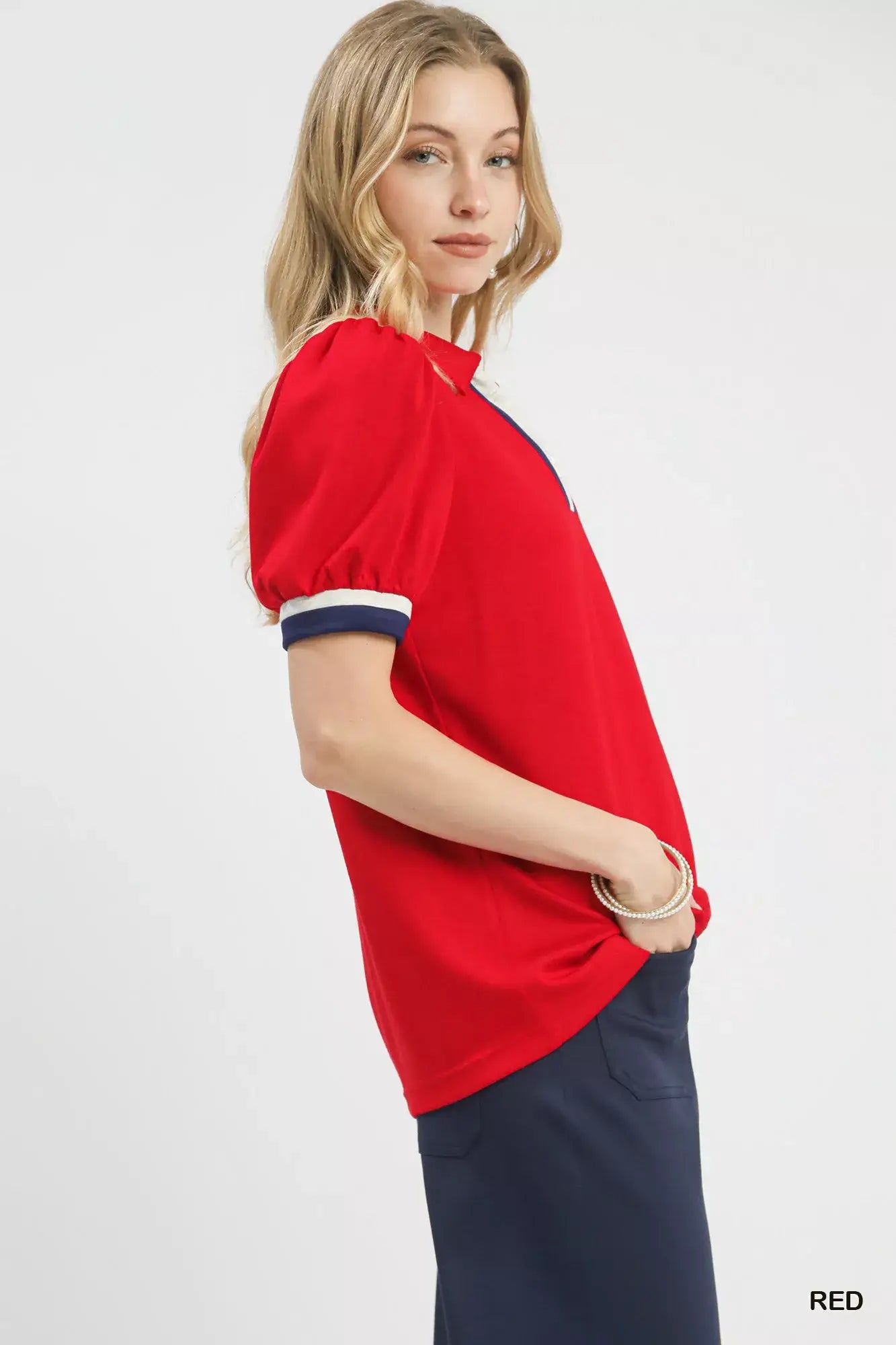 Umgee Puff Sleeve Zip Front Top with Contrast Striped Trim - Trendsi - Flyclothing LLC