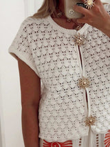 Crochet Short Sleeve Button Front Cardigan - Trendsi - Flyclothing LLC