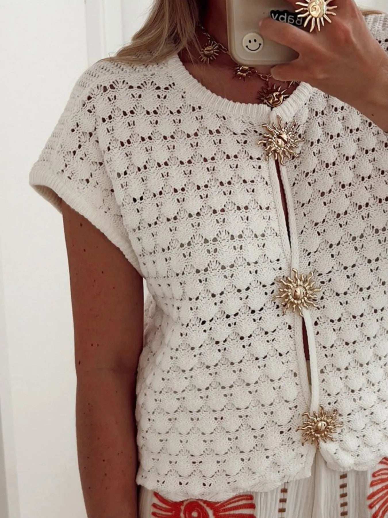 Crochet Short Sleeve Button Front Cardigan - Trendsi - Flyclothing LLC