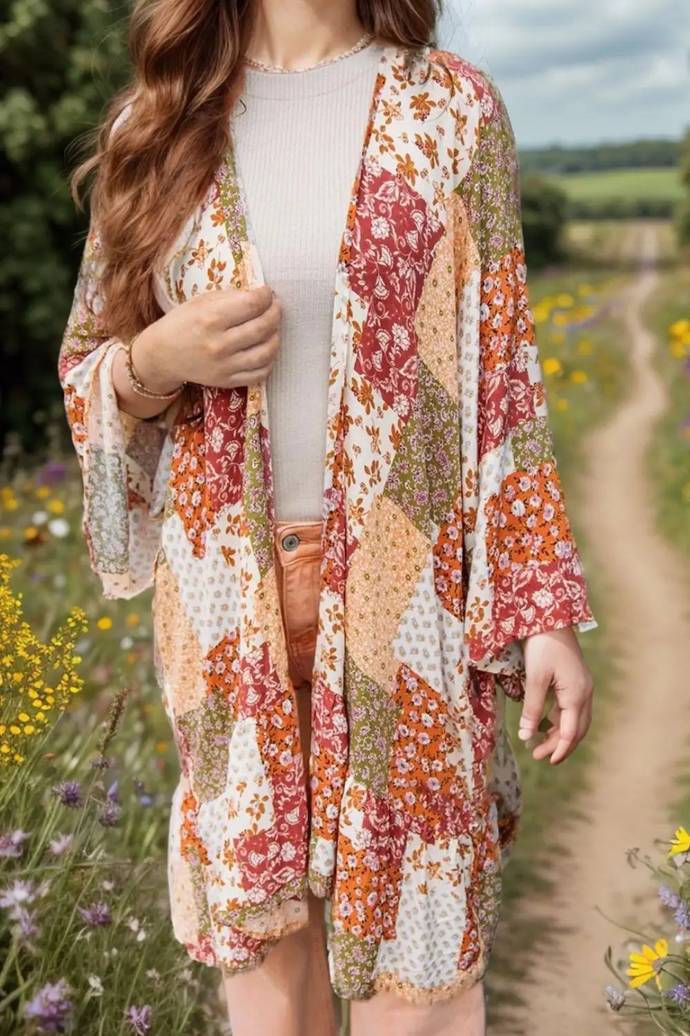 Printed Open Front Long Sleeve Cover-Up - Trendsi
