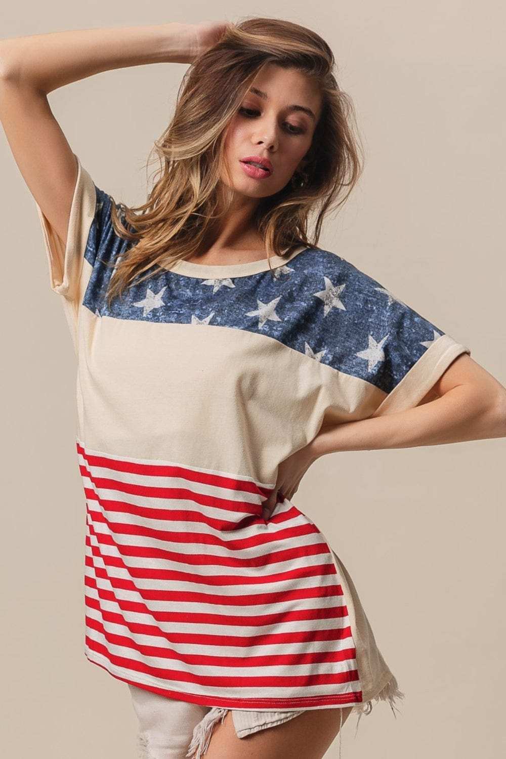 BiBi American Flag Theme Short Sleeve T-Shirt - Trendsi - Flyclothing LLC