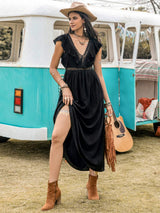 Lace Detail Plunge Cap Sleeve Midi Dress - Trendsi - Flyclothing LLC