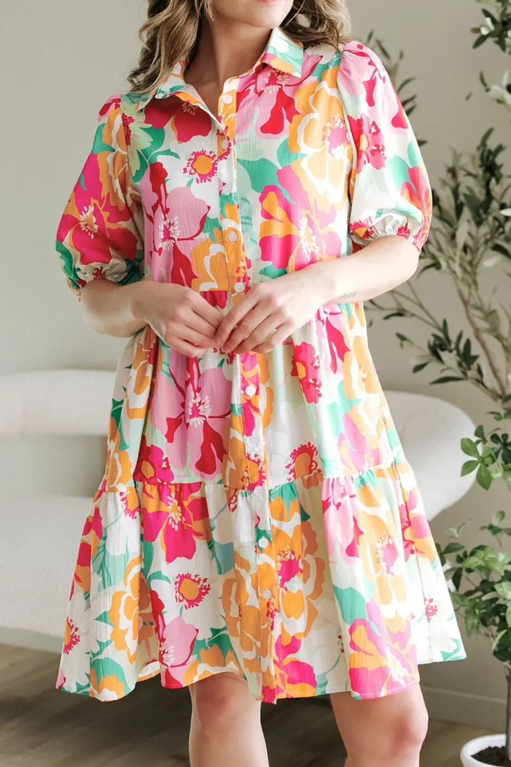 Button Down Floral Puff Sleeve Babydoll Dress - Trendsi - Flyclothing LLC