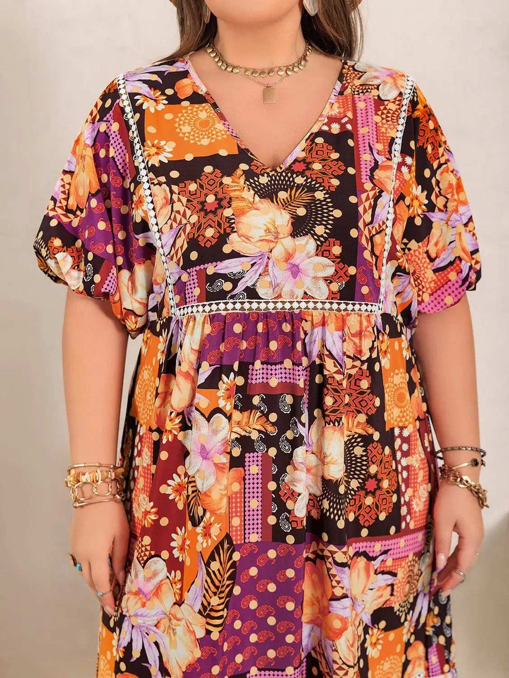 Plus Size Printed V-Neck Half Sleeve Maxi Dress - Trendsi - Flyclothing LLC