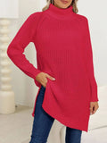 Slit Turtleneck Long Sleeve Sweater - Trendsi