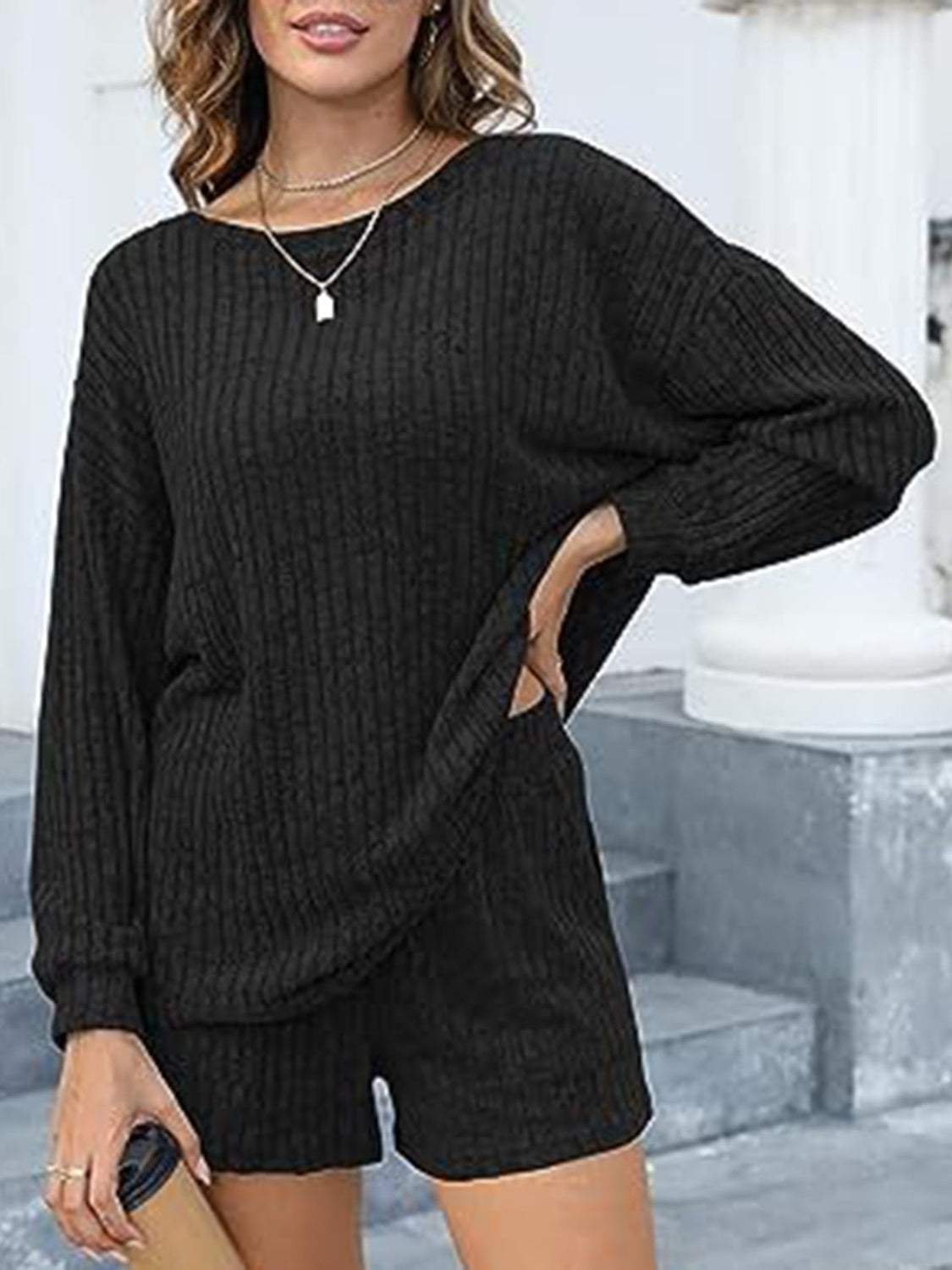 Round Neck Dropped Shoulder Top and Shorts Set - Trendsi - Flyclothing LLC