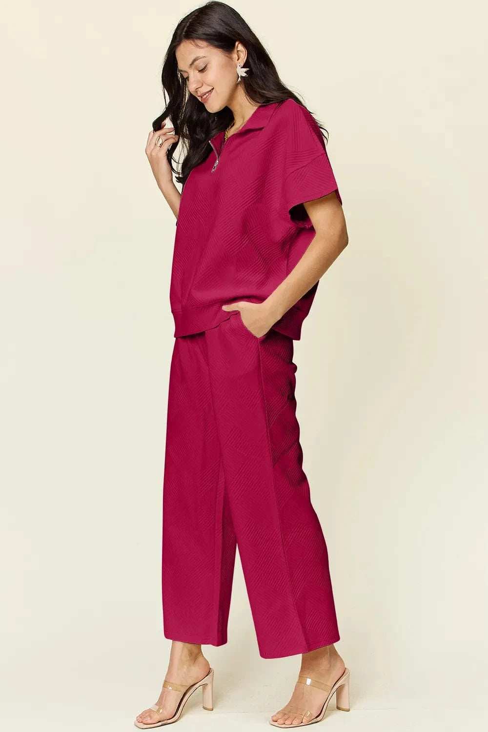 Double Take Full Size Texture Half Zip Short Sleeve Top and Pants Set - Trendsi - Flyclothing LLC