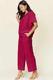 Double Take Full Size Texture Half Zip Short Sleeve Top and Pants Set - Trendsi - Flyclothing LLC