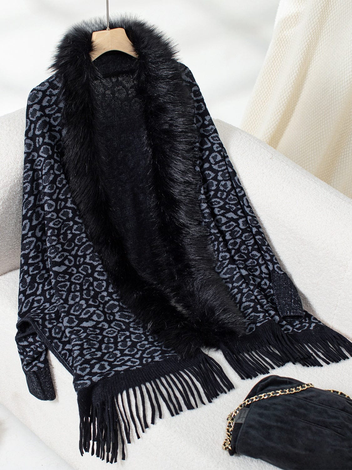Fringe Leopard Open Front Long Sleeve Poncho - Trendsi