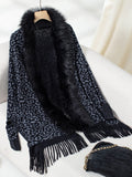 Fringe Leopard Open Front Long Sleeve Poncho - Trendsi