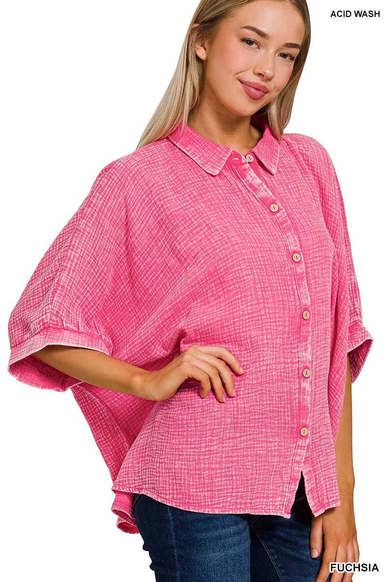 Zenana Washed Double Gauze Button Down Half Sleeve Shirt - Trendsi - Flyclothing LLC