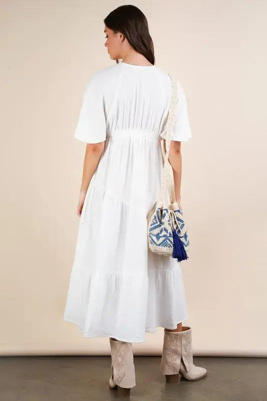 VERY J Mineral Washed Elastic Neck Detail Midi Dress - Trendsi - Flyclothing LLC