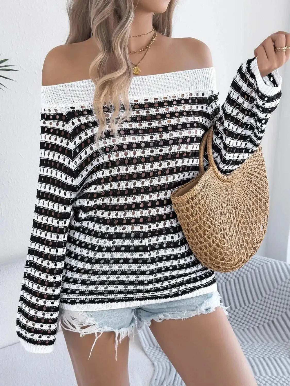 Openwork Striped Off-Shoulder Knit Top - Trendsi - Flyclothing LLC