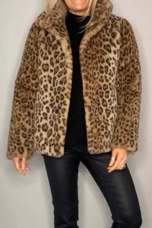 Full Size Leopard Furry Collared Neck Long Sleeve Coat - Trendsi - Flyclothing LLC