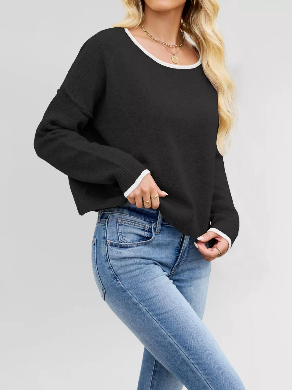 Round Neck Dropped Shoulder Sweater - Trendsi - Flyclothing LLC