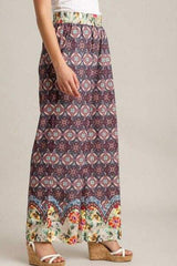 Umgee Full Size Mixed Print Elastic Waistband Pants Plus Size - Trendsi - Flyclothing LLC