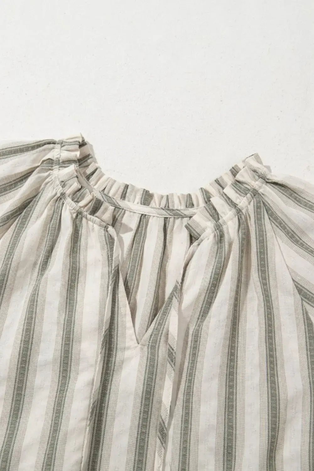 Stripe Frilled Tie Neck Short Sleeve Blouse - Trendsi - Flyclothing LLC
