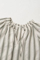 Stripe Frilled Tie Neck Short Sleeve Blouse - Trendsi - Flyclothing LLC