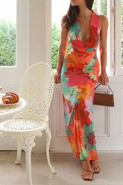 Split Crisscross Back Printed Plunge Maxi Dress - Trendsi - Flyclothing LLC