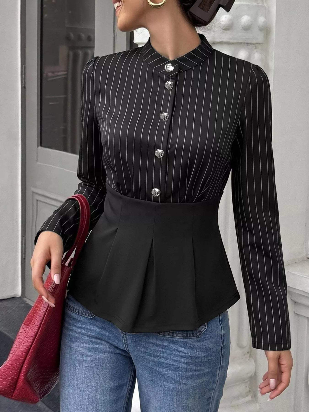 Striped Long Sleeve Peplum Blouse - Trendsi - Flyclothing LLC