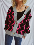 Contrast Trim Geometric V-Neck Long Sleeve Cardigan - Trendsi - Flyclothing LLC