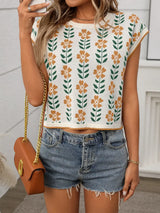Flower Round Neck Short Sleeve Knit Top - Trendsi - Flyclothing LLC