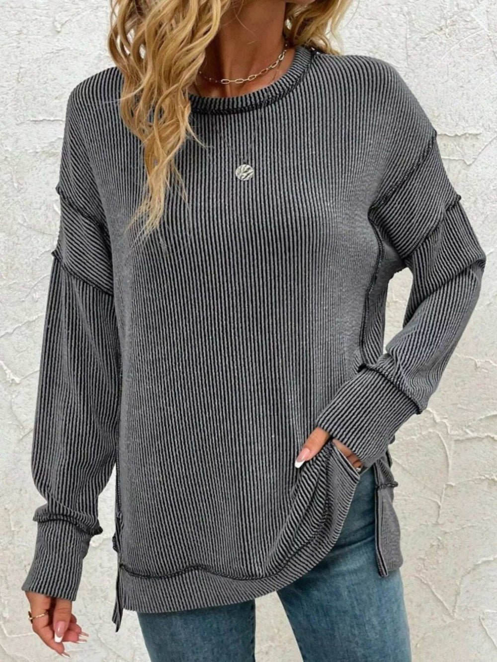 Side Slit Round Neck Dropped Shoulder Sweatshirt - Trendsi - Flyclothing LLC