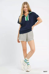 Umgee Textured Striped Zip Collar Knit Top - Trendsi - Flyclothing LLC
