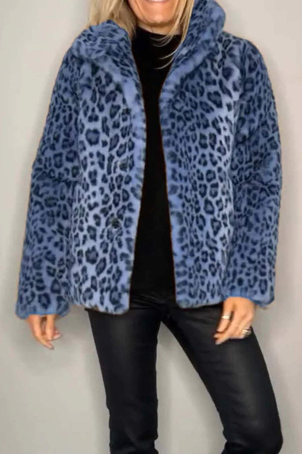 Full Size Leopard Furry Collared Neck Long Sleeve Coat - Trendsi - Flyclothing LLC