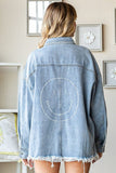 First Love Smile Face Button Down Raw Hem Denim Jacket - Trendsi