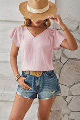Ruched V-Neck Flounce Sleeve Blouse - Trendsi - Flyclothing LLC