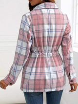 Drawstring Plaid Button Up Jacket with Chest Pockets - Trendsi - Flyclothing LLC