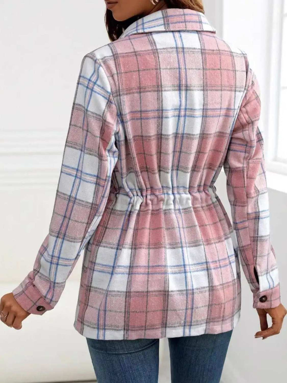 Drawstring Plaid Button Up Jacket with Chest Pockets - Trendsi - Flyclothing LLC