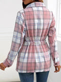 Drawstring Plaid Button Up Jacket with Chest Pockets - Trendsi