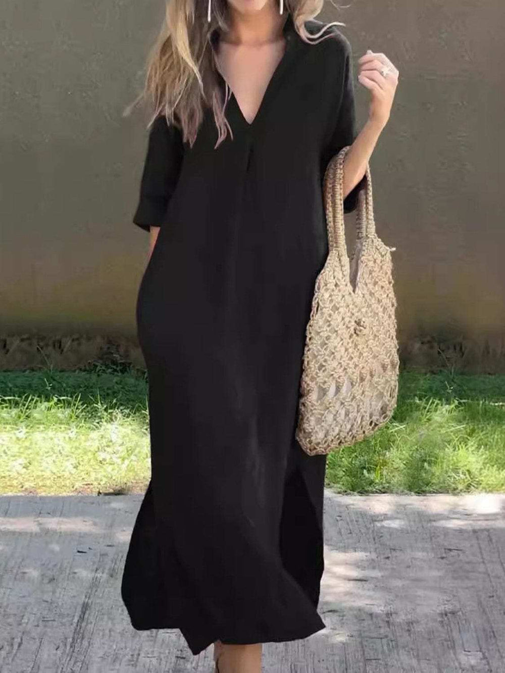 Full Size Notched Half Sleeve Midi Dress - Trendsi - Flyclothing LLC
