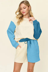 Double Take Full Size Contrast Drop Shoulder Top and Shorts Set - Trendsi - Flyclothing LLC