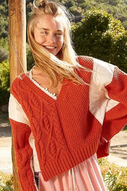 POL Cable Knit Quilting Patch V-Neck Contrast Sweater - Trendsi