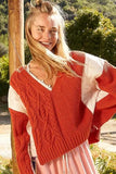 POL Cable Knit Quilting Patch V-Neck Contrast Sweater - Trendsi