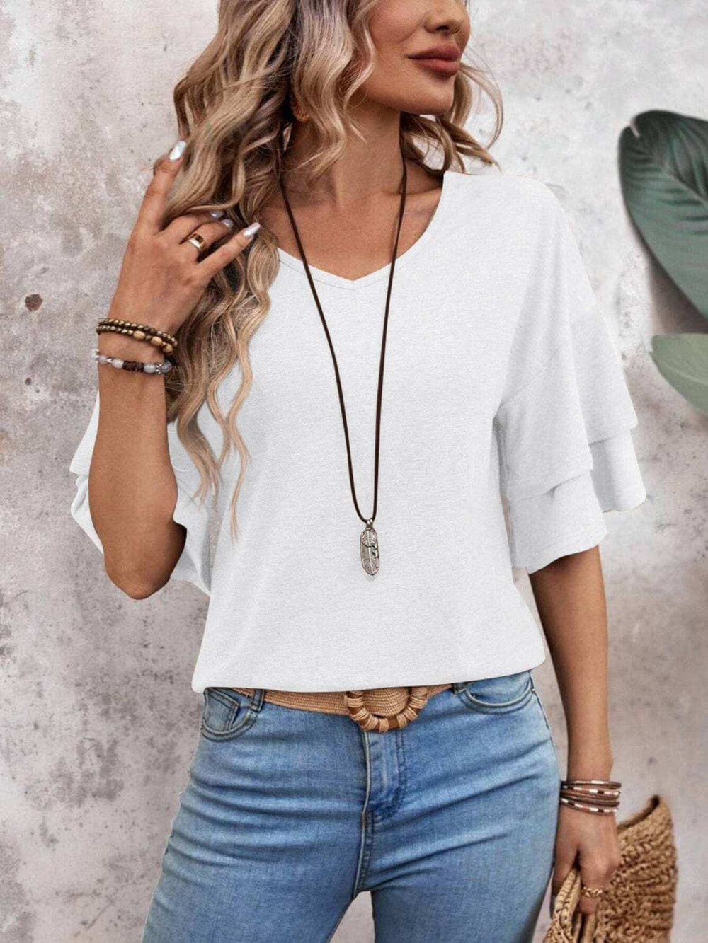 V-Neck Half Sleeve Blouse - Trendsi - Flyclothing LLC