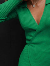 Tied Collared Neck Long Sleeve Sweater Dress - Trendsi - Flyclothing LLC
