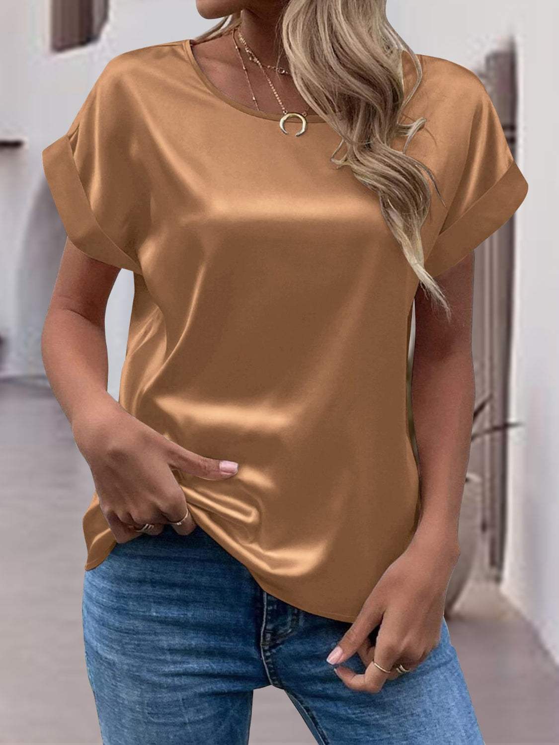 Round Neck Short Sleeve T-Shirt - Trendsi - Flyclothing LLC