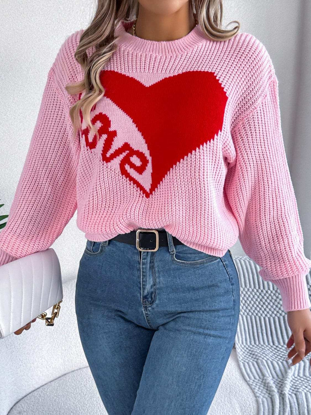 LOVE Heart Round Neck Dropped Shoulder Sweater - Trendsi - Flyclothing LLC