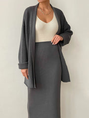 Pocketed Long Sleeve Cardigan and Skirt Sweater Set - Trendsi