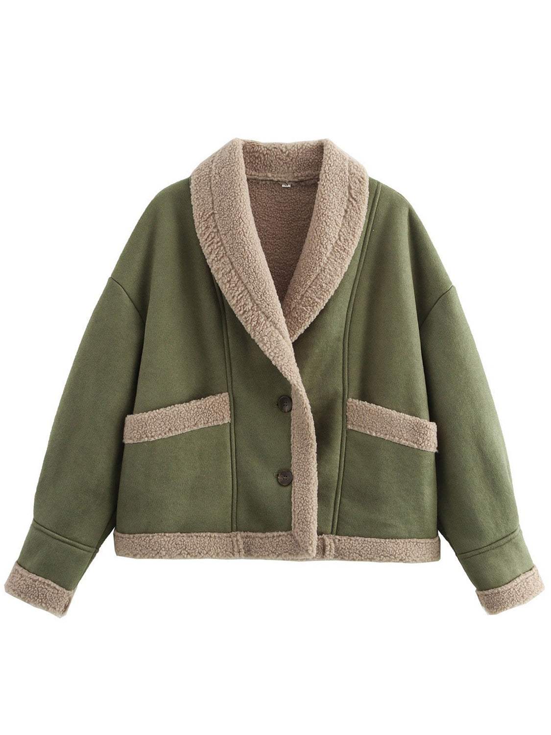 Fuzzy Collared Neck Long Sleeve Jacket - Trendsi - Flyclothing LLC