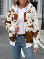 Fuzzy Drawstring Zip Up Hooded Jacket - Trendsi